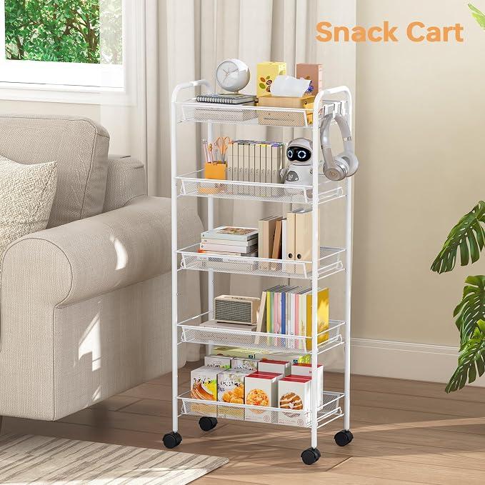 TOOLF 5-Tier Rolling Cart, Metal Utility Cart with 3 Hooks, Easy Assemble Mobile Storage Trolley On Wheels, Metal Shelving Units Kitchen Bathroom Laundry Room