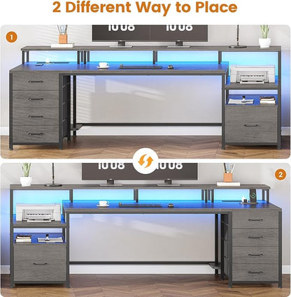 SEDETA 75'' Computer Desk with 5 Drawer, Power Outlet & Led Lights, Home Office Desk with File Drawer, Storage Shelves, Printer Cabinet and Monitor Shelf, 23.6" W Large Desktop Gaming Desk, Grey