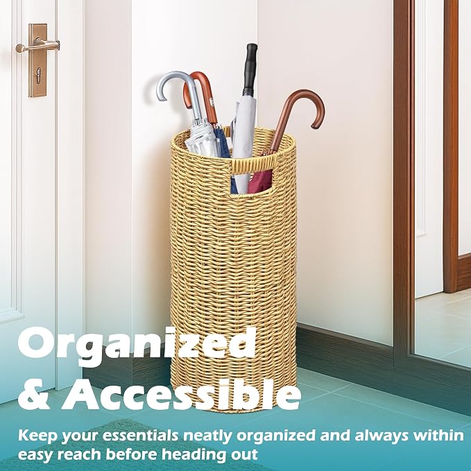 Rattan Umbrella Holder 21" H X 10" D, Handmade Wicker Umbrella Stand Indoor with Dip Tray, Sturdy Umbrella Holders for Entryway, Umbrella Bucket Fits Mudroom,Walking Canes,Home,Office (Oak)
