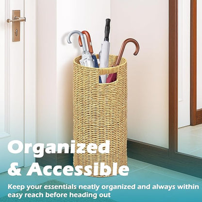 Rattan Umbrella Holder 21" H X 10" D, Handmade Wicker Umbrella Stand Indoor with Dip Tray, Sturdy Umbrella Holders for Entryway, Umbrella Bucket Fits Mudroom,Walking Canes,Home,Office (Oak)