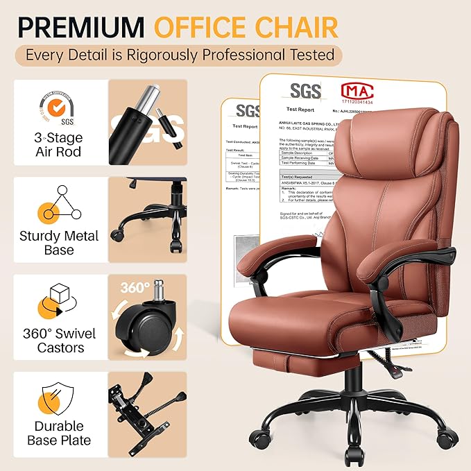 Office Chair, Executive Big and Tall Leather Desk Chairs with Footrest, Ergonomic Breathable Computer Chair with Adjustable High Back, Lumbar Support Swivel PC Chairs with Rocking Function