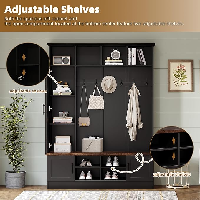 Merax Farmhouse Wood Hall Tree with Shoe Bench and 2 Drawers, 4-in-1 Coat Rack with 6 Hooks for Entrance, Hallway, Mudroom Black