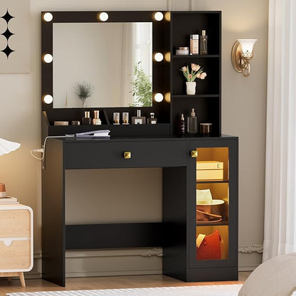 Black Makeup Vanity with Mirror and Lights, 34'' Wide Dressing Table with Charging Station & RGB Glass Cabinet, Small Vanity Desk with 3 Color Lighting Modes & Adjustable Brightness