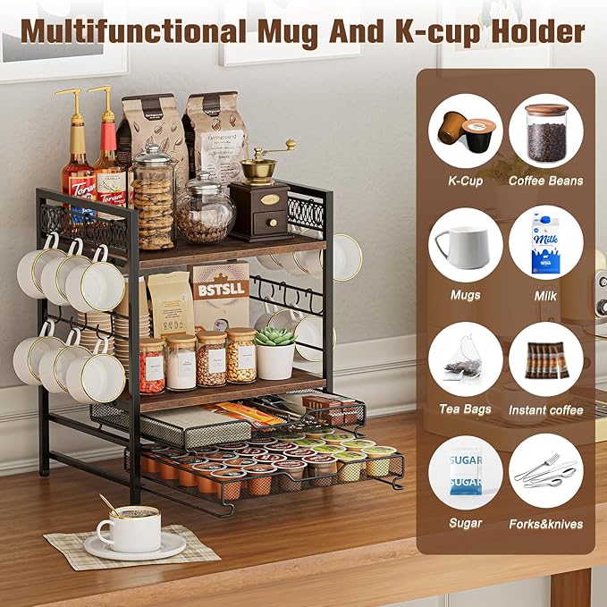 Coffee Bar Organizer, 4 Tier Coffee Station Organizer for Countertop, 30 K Cup Pod Drawer, Mug Cup Holder Stand With 12 Hooks, Multifunctional K Pods Shelf Storage Holder Drawer