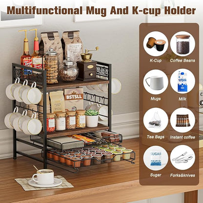 Coffee Bar Organizer, 4 Tier Coffee Station Organizer for Countertop, 30 K Cup Pod Drawer, Mug Cup Holder Stand With 12 Hooks, Multifunctional K Pods Shelf Storage Holder Drawer