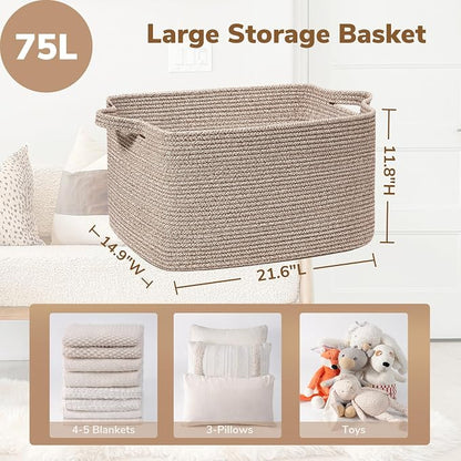 Goodpick Large Woven Storage Basket, 21.6" x 14.9" x 11.8" Blanket Basket for Living Room, Bedroom, Rectangle Rope Storage Organizer for Clothes, Toys, Brown