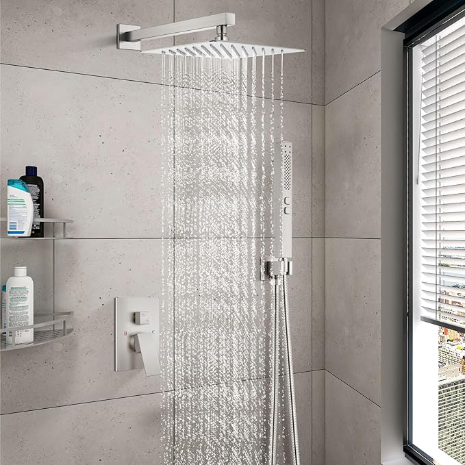 Shower Faucet Set Rainfall Shower System with Square Showerhead and Handle Set Fixture with 2 in 1 Function Handheld Sprayer Wall Mounted Trim Repair Kit Rough-in Valve 12 Inch Brushed Nickel