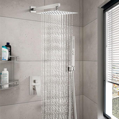 Shower Faucet Set Rainfall Shower System with Square Showerhead and Handle Set Fixture with 2 in 1 Function Handheld Sprayer Wall Mounted Trim Repair Kit Rough-in Valve 12 Inch Brushed Nickel