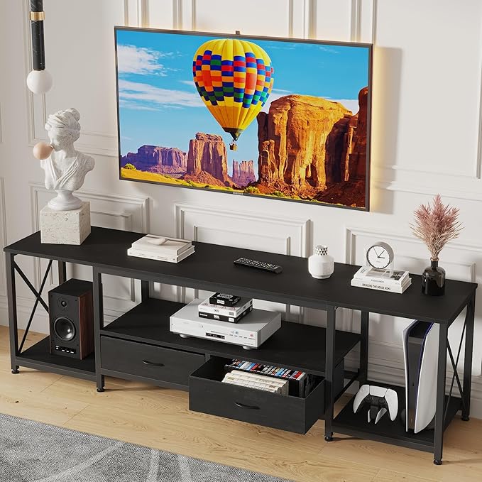 GYIIYUO TV Stand with Fabric Drawers - Entertainment Center and Industrial TV Console Table with Open Storage Shelves for Living Room, Bedroom - 55.1" Black