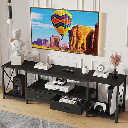 GYIIYUO TV Stand with Fabric Drawers - Entertainment Center and Industrial TV Console Table with Open Storage Shelves for Living Room, Bedroom - 55.1" Black
