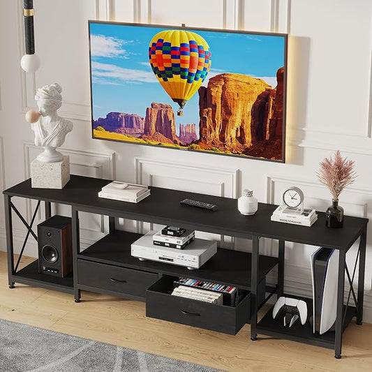 GYIIYUO TV Stand with Fabric Drawers for 65 70 75 Inches TV - Entertainment Center and Industrial TV Console Table with Open Storage Shelves for Living Room, Bedroom - 63.5" Black