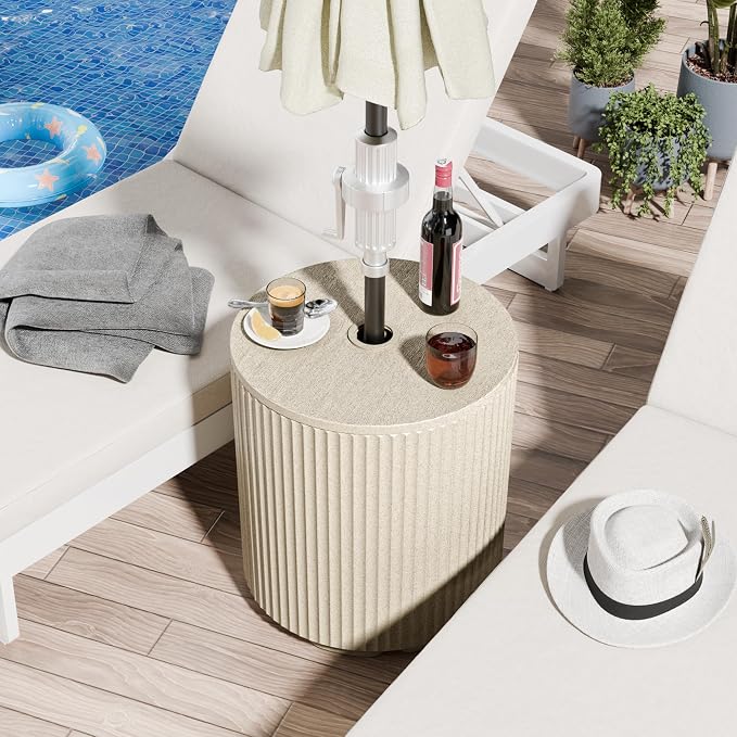 Outdoor Umbrella Stand with Hole, in Pool Umbrella Stand with Weighted Water Filled Bladder, Fluted Vertical Ribbed Design, All Weather Umbrella Side Table Base, Patio Umbrella Base, Beige
