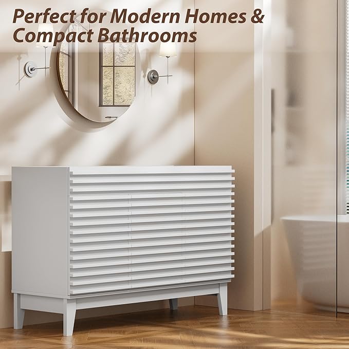 APRILSOUL 48" Bathroom Vanity, Mid-Century Bathroom Vanity Cabinet with 2 Soft Closing Doors, Freestanding Bathroom Cabinet, Particleboard Frame with Wood Grain Laminate, White (Sink Not Included)