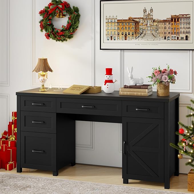 Farmhouse 61'' Executive Desk with 5 Drawers, Rustic Office Desk Computer Desk with Charging Station, File Drawers and Storage Cabinet, Wood Workstation for Study and Home Office,(Pure Black.)