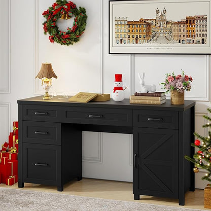 Farmhouse 61'' Executive Desk with 5 Drawers, Rustic Office Desk Computer Desk with Charging Station, File Drawers and Storage Cabinet, Wood Workstation for Study and Home Office,(Pure Black.)