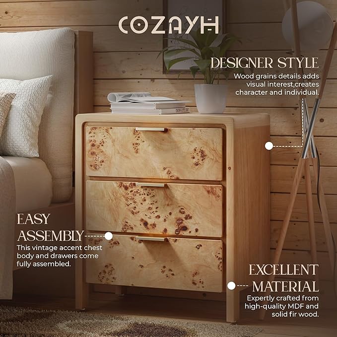 COZAYH Burl Finish 3 Drawer Nightstand, Wood Rustic Farmhouse Dresser, Vintage Accent Storage Bedside Table for Bedroom Entryway, Fully Assembled, Natural