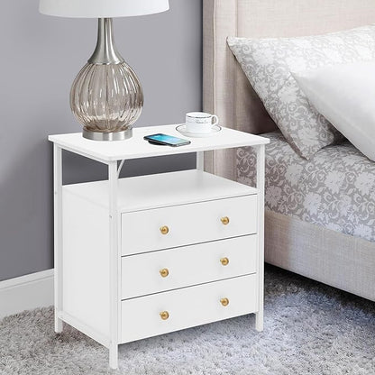 3 Wooden Drawers Nightstand, 27 Inch Wide Night Stand Set 2 with Charging Station and Adjustable Drawers, Small Dresser for Closet, Bedside Table for Living Room/Bedroom/Office, White.
