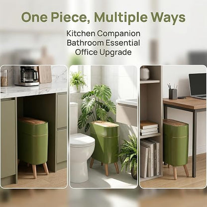 suyika Automatic Trash Can, 2.6 Gallon/10L Bathroom Trash Can with Lid - Wood Grain Lid and Legs, Touchless Waterproof Garbage Bin for Bedroom, Bathroom, Office, Living Room