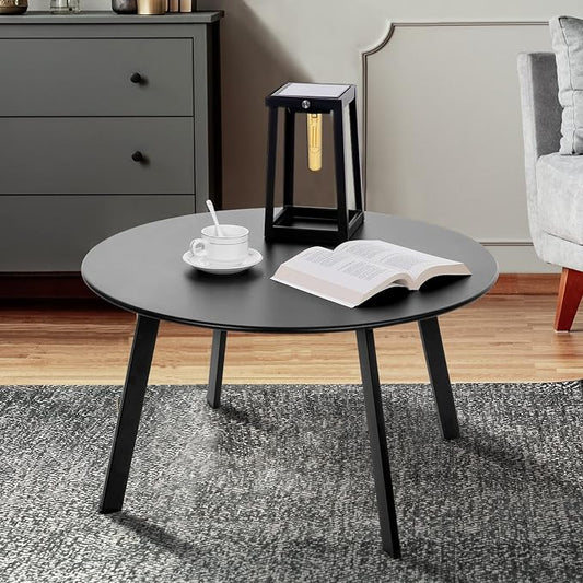 Patio Coffee Table - Metal Steel Outdoor Round Table Weather Resistant Anti-Rust Table (Black)