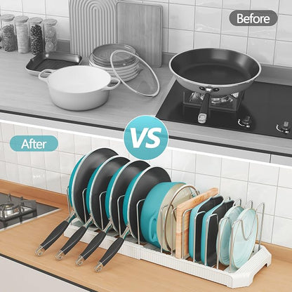 Pots and Pans Organizer for under Cabinet, Pan Pot Organizers inside Cabinet, Expandable Organizer with 12 Adjustable Dividers for Cookie Sheets, Cutting Boards, Pot Lids, Cookware - Frying Pan Rack