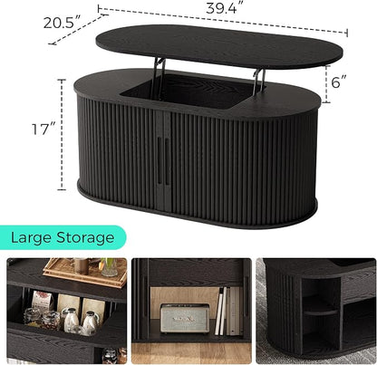 LINSY Lift Top Coffee Table, Oval Fluted Coffee Table with Storage, Mid Century Modern Wooden Coffee Tables with Sliding Tambour Door, 39" Center Table for Living Room, Office, Small Space, Black