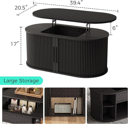 LINSY Lift Top Coffee Table, Oval Fluted Coffee Table with Storage, Mid Century Modern Wooden Coffee Tables with Sliding Tambour Door, 39" Center Table for Living Room, Office, Small Space, Black