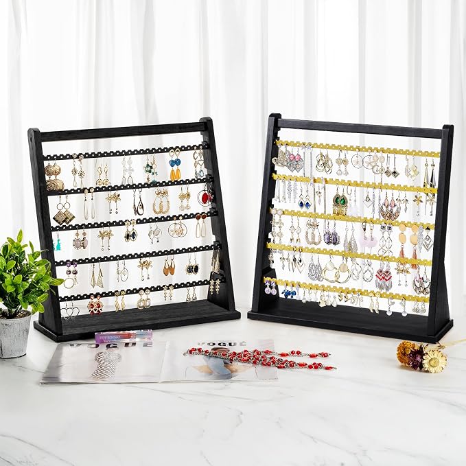 Poyilooo Earring Organizer Stand, Rustic Wood Earring Holder Rack, 5 Layer Jewelry Holder Organizer with 270 Earring Tree Holes Display for Stud Earings & Hoop Earrings, Gifts for Women (Black&gold)