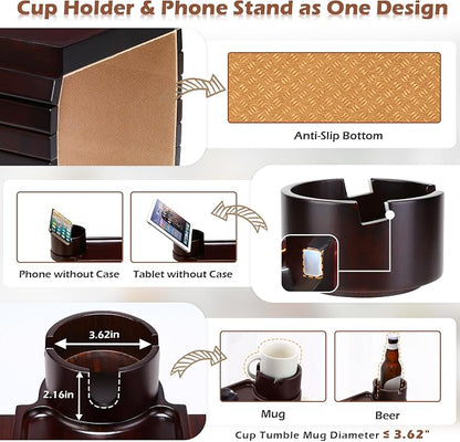 GHKINMAL Couch Cup Holder Tray, 3 in 1 Large Couch Arm Trays,Bamboo Chair Clip on Tray with 360° Ratated Phone Cup Holder for Couch,Snacks,Remote,Phone-Black Walnut