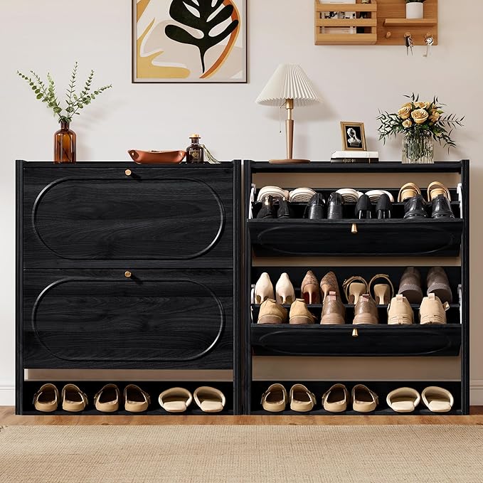 ORRD Shoe Storage Cabinet with 2 Flip Drawers, Wood Narrow Shoe Cabinet for Entryway, Fluted Hidden Shoe Organizer, Freestanding Slim Shoes Cabinets for Foyer, Hallway-Black