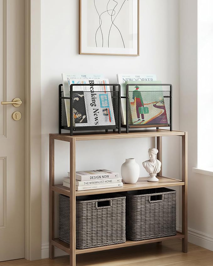 Magazine Holder, Magazine Rack Floor, Metal Mesh with Wood Base Magazine Storage Basket, Folder Organizer Bin for Books, Newspapers, Mails, Files, Black
