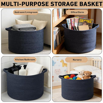 90L Extra Large Blanket Basket,Woven Rope Laundry Basket Hamper with Handles, Decorative Nursery Basket Storage Bin for Toys, Clothes Organizer, Living Room, Bedroom, Bathroom, Dark Blue