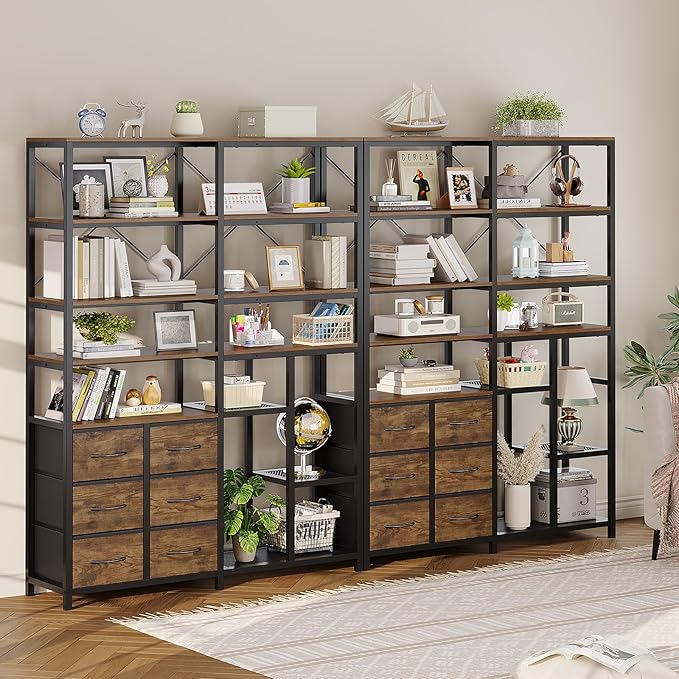 HAUOMS Corner Bookshelf, 7-Tier Industrial Convertible Book Shelf with 6 Fabric Drawers, Corner Bookcase Freestanding Display Shelf for Living Room, Kitchen, Home Office, Rustic Brown