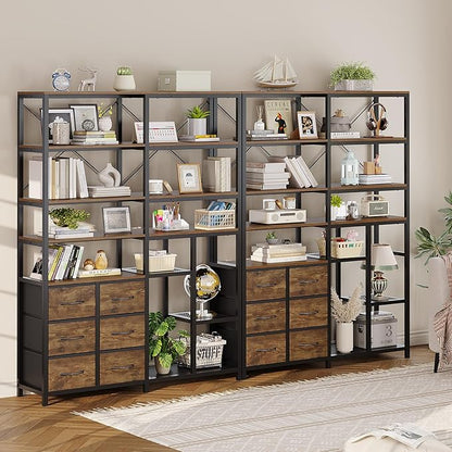 HAUOMS Corner Bookshelf, 7-Tier Industrial Convertible Book Shelf with 6 Fabric Drawers, Corner Bookcase Freestanding Display Shelf for Living Room, Kitchen, Home Office, Rustic Brown