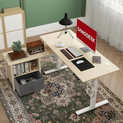 SANODESK 55'' L Shaped Standing Desk with 2-Drawer File Cabinet, Electric Height Adjustable Stand up Desk w/USB Charge Ports, Home Office Modern Wood Computer Desk with Shelves,White Frame/Maple Top