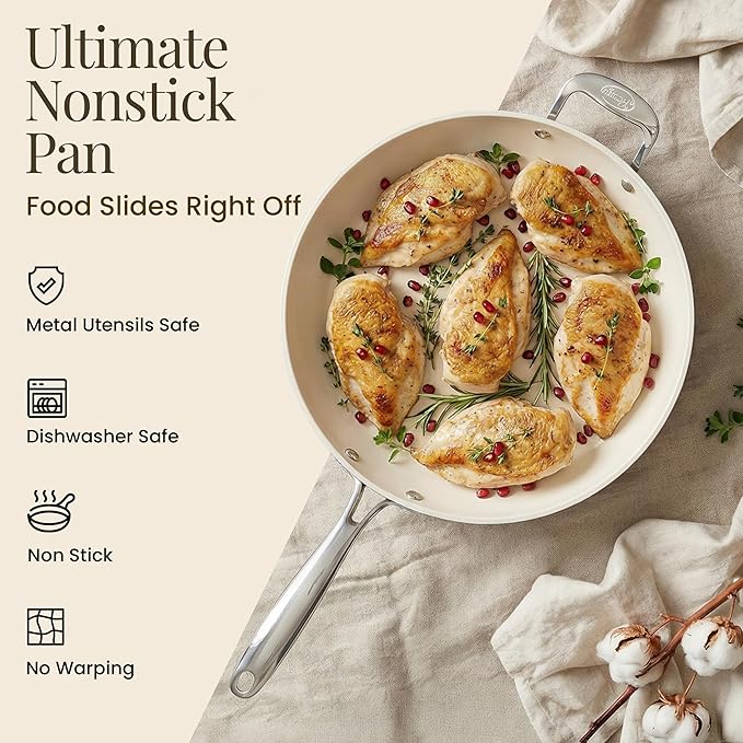 GOTHAM STEEL Cream 14 Inch Non Stick Frying Pans, Large Family Sized Nonstick Cooking Pan Skillet, Nonstick, 100% PFOA Free Ceramic Coating, Oven and Dishwasher Safe, Cream White