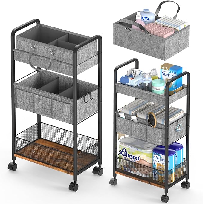 LIDTOP 2In1 Baby Diaper Caddy & 3-Tier Rolling Diaper Cart, Diaper Caddy Organizer Cart with Dividers, Mobile Metal Utility Cart for Nursery Essentials, Detachable Bedside Cart, Large Capacity