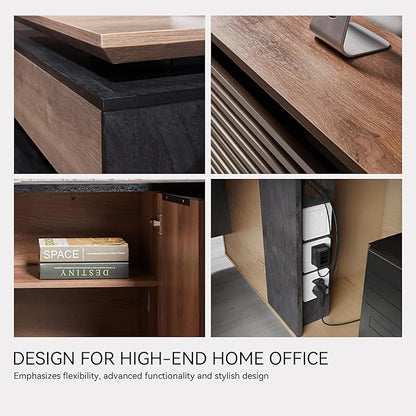 70.87" L Shaped Standing Executive Desk and 63" lateral File Cabinet, Large Adjustable Heigh Office Computer Desk with 3 Drawers,2.3" Desktop,Business Workstation,Black and Warm Oak