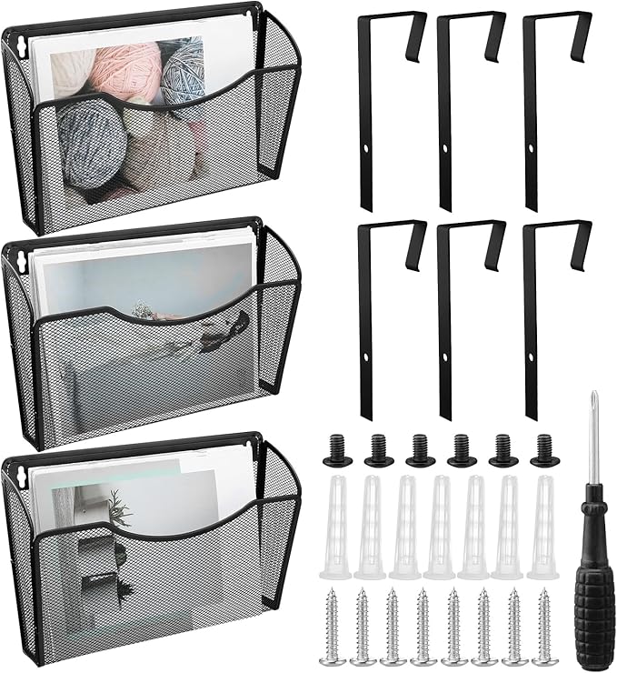 Tenceur 3 Pcs Mesh Letter Wall File Folder Cubicle File Holder Hanging Wall Mounted File Holder 3 Pocket Vertical File Organizer for Office Home Room Storage Basket(13.19 x 12.2 x 3.07 Inch,Black)