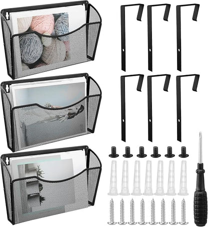 Tenceur 3 Pcs Mesh Letter Wall File Folder Cubicle File Holder Hanging Wall Mounted File Holder 3 Pocket Vertical File Organizer for Office Home Room Storage Basket(13.19 x 12.2 x 3.07 Inch,Black)