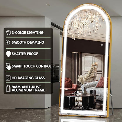 FENNIO Full Length Mirror with Lights, 80" x 36" LED Full Body Mirror for Bedroom, Salon, Dimmable, 3 Color Lighting [Tempered Glass]