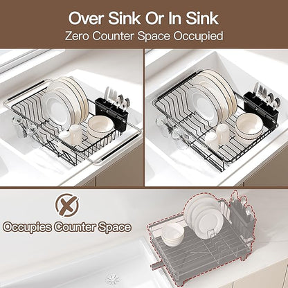 Over the Sink Expandable Dish Drainer Drying Rack In Stainless Steel for Small Kitchen, Counter Space Saving Modern Compact Metal Above Plate Dryer Strainer, Adjustable Hanging Inside Drain Holder