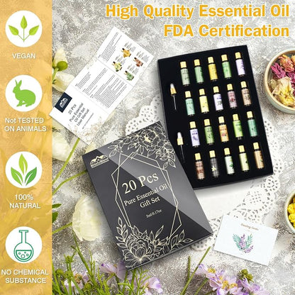 Fragrance Essential Oils Set, Essential Oils for Diffuser, for Home, Skin, Candle & Soap Making-Tea Tree, Lavender, Peppermint, Rose and More, with Gift Card for Friend, Teacher, Mom(20×5ml