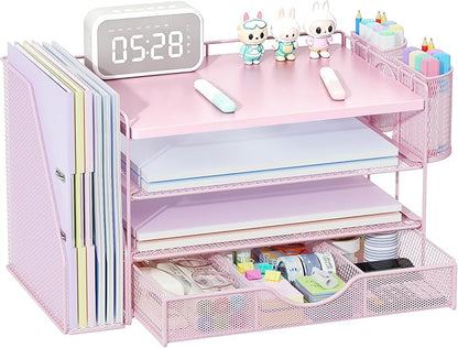 gianotter Wood Desk Organizers and Accessories with File Holder, 4-Tier Desk Accessories & Workspace Organizers with Drawer and 2 Pen Holder, Desk Reference Organizer (Pink, 4T with Metal Drawer)