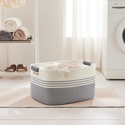 SunNewt 72L Large Laundry Basket with Leather Handles for Living Room Storage, Woven Rope Baskets Bin for Blanket, Kids Toy, Gifts, Wicker Hamper for Bedroom Dirty Clothes, 22"x17"x12" White Grey