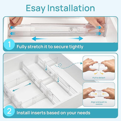 Vtopmart 2.36” Drawer Dividers with Expandable Inserts, 12.8"-22.3" Adjustable Kitchen Drawer Organizer, Clear Plastic Organizer Separator for Flatware, Utensil, Cutlery, 8 Dividers with 14 Inserts