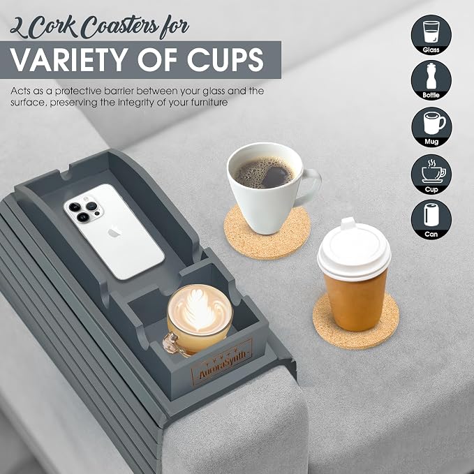 Couch Cup Holder Tray with 2 Cork Coasters, Couch Arm Tray, 2 in 1 Anti-Slip Foldable Sofa Arm Tray, Couch Armrest Table, Anti-Spill Couch Arm Table for Drinks TV Remote Cellphone Snacks (Grey)
