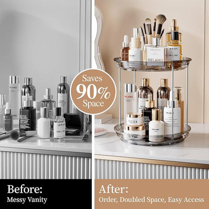 Delamu 2 Tier Rotating Makeup Organizer for Vanity, Skincare Organizer for Bathroom Counter, Spinning Perfume Organizer Cosmetic Holder with Large Capacity, Grey