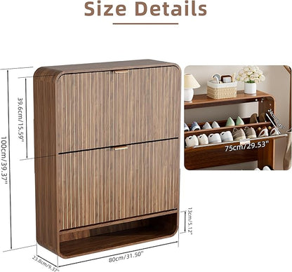 Narrow Shoe Cabinet with 2 Flip Drawers, Fluted Shoe Storage Cabinet for Entryway, Slim Hidden Shoe Rack Organizer for Hallway, Entrance, Foyer, Freestanding, Walnut