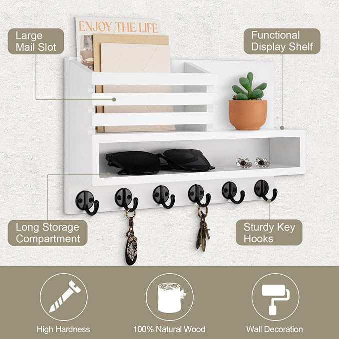 Key and Mail Holder Wall Mount, Key Hanger with Long Storage Box and Key Hooks for Coat, Dog Leash, Home Decor Rack, House Accessories, Entry Way Organizer