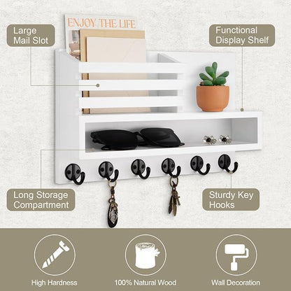 Key and Mail Holder Wall Mount, Key Hanger with Long Storage Box and Key Hooks for Coat, Dog Leash, Home Decor Rack, House Accessories, Entry Way Organizer